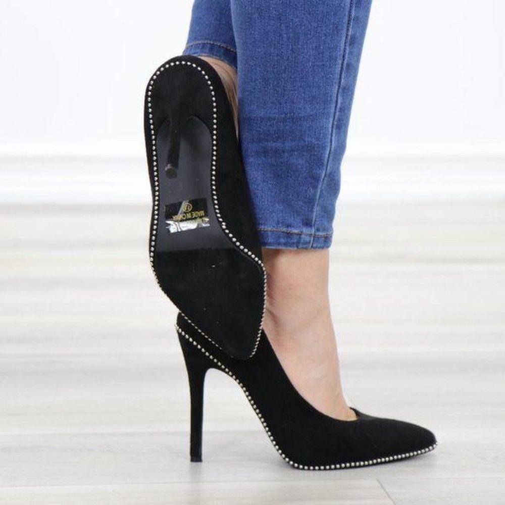 Black vegan Suede High Heel Pumps With Studs - Picture 5 of 12